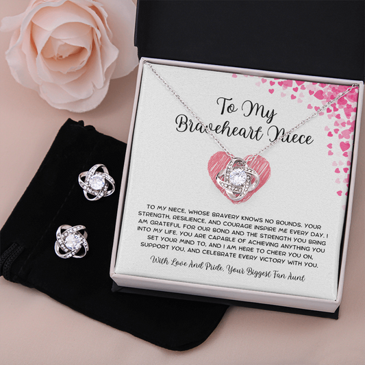 To My Braveheart Niece - From Aunt to Niece Love Knot Earring With Necklace Set