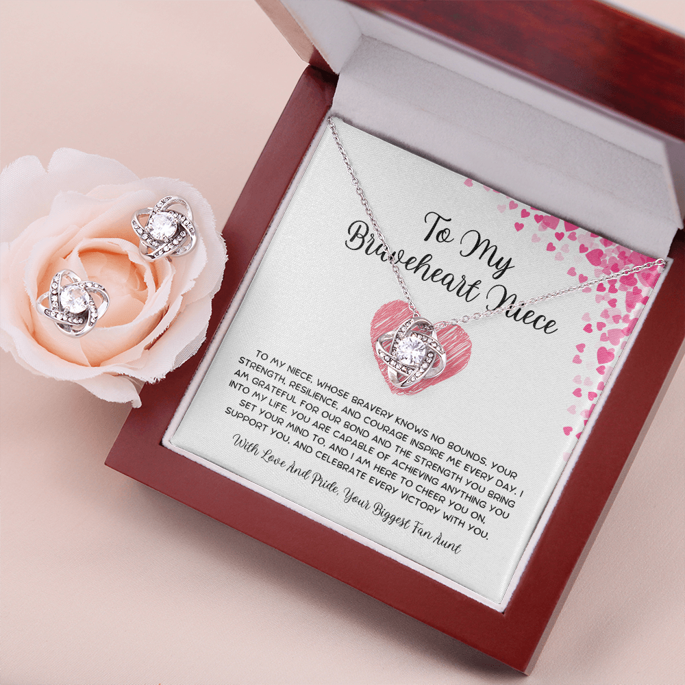 To My Braveheart Niece - From Aunt to Niece Love Knot Earring With Necklace Set