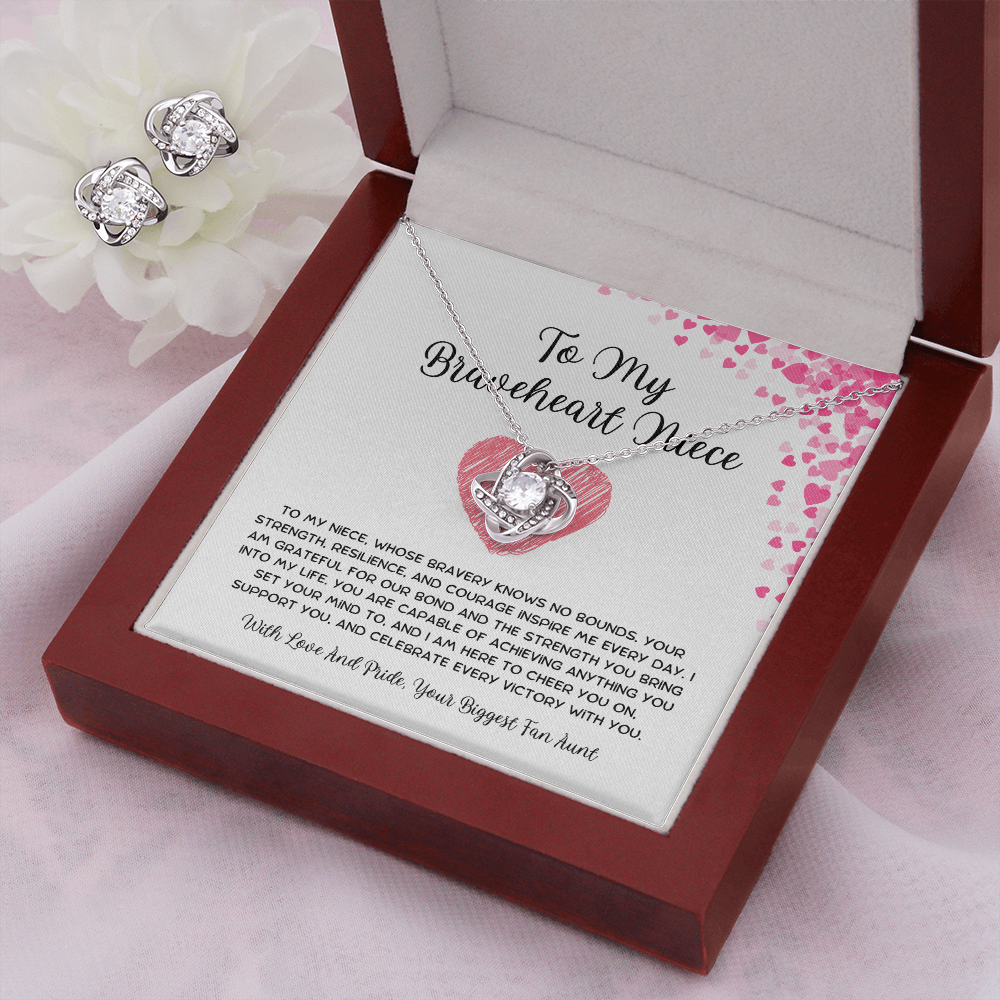 To My Braveheart Niece - From Aunt to Niece Love Knot Earring With Necklace Set