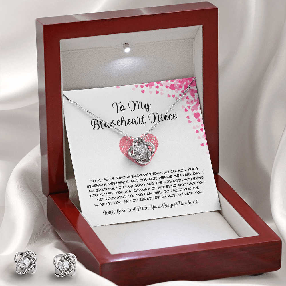 To My Braveheart Niece - From Aunt to Niece Love Knot Earring With Necklace Set