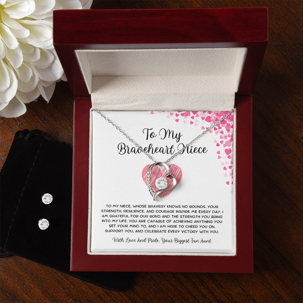 To My Braveheart Niece - From Aunt to Niece Forever Love Necklace With Earrings